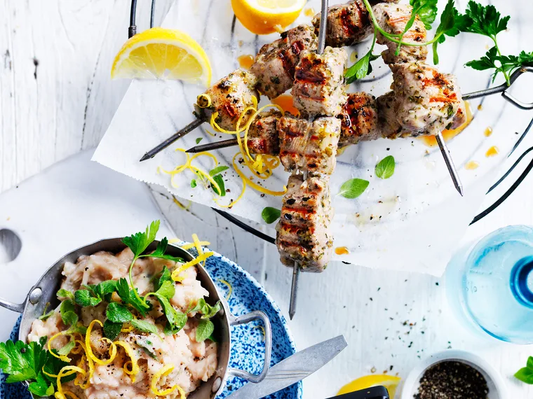 Greek pork skewers with crushed white beans