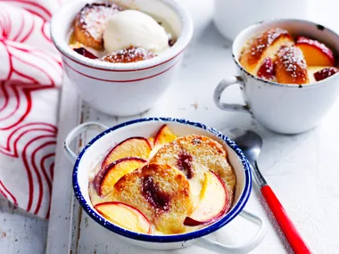 Jam and peach donut puddings