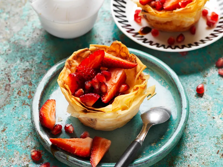 strawberry and pomegranate custard tarts