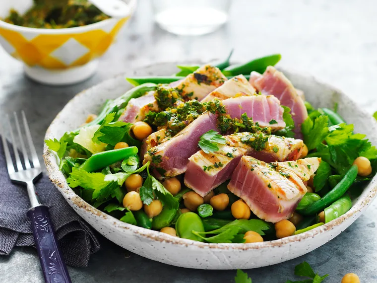 chermoula tuna, chickpea and broad bean salad