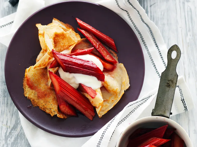 spelt cr&ecirc;pes with rhubarb in rose syrup