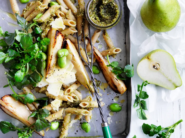 Pasta with almond and walnut paste,  pears and broad beans