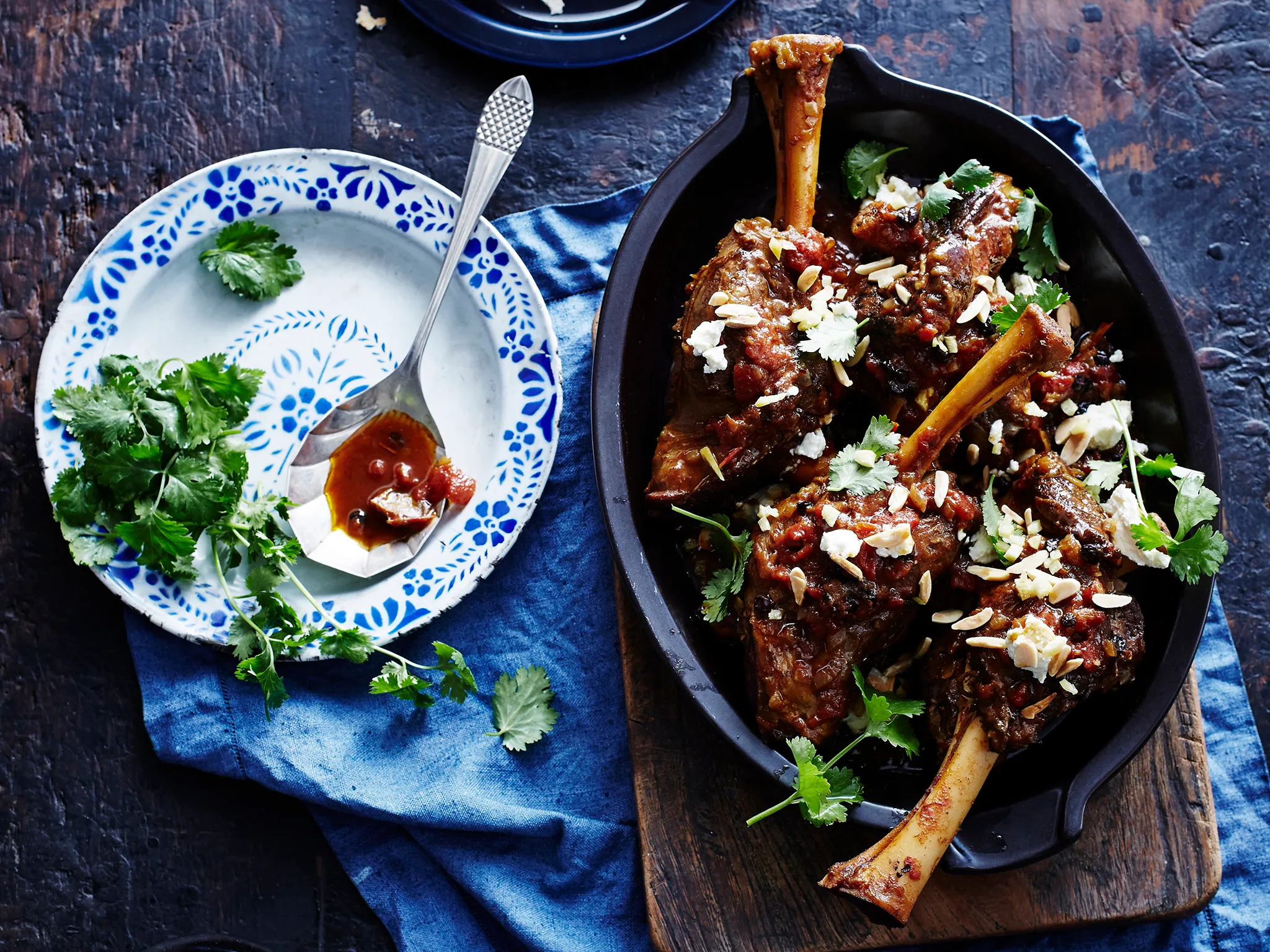 Spiced lamb shanks with almonds and feta