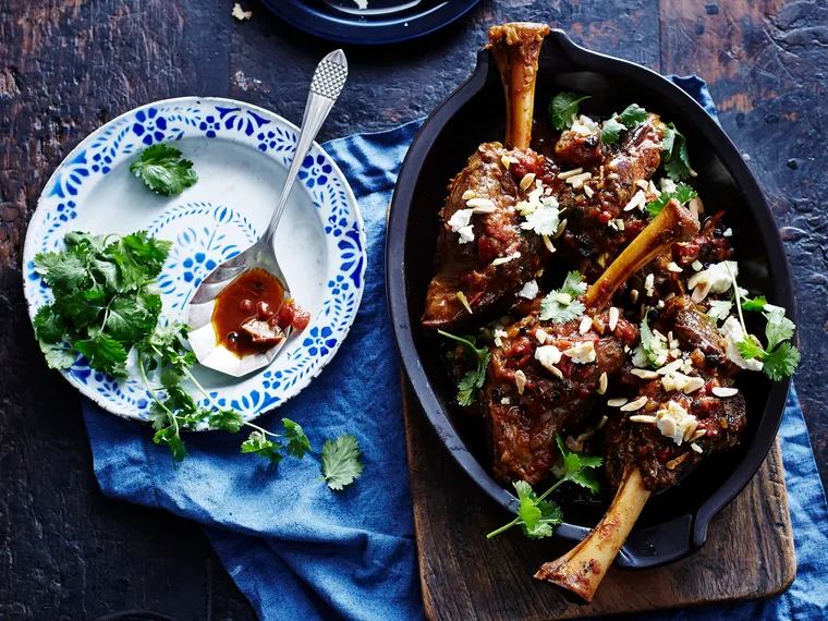 Spiced lamb shanks with almonds and feta