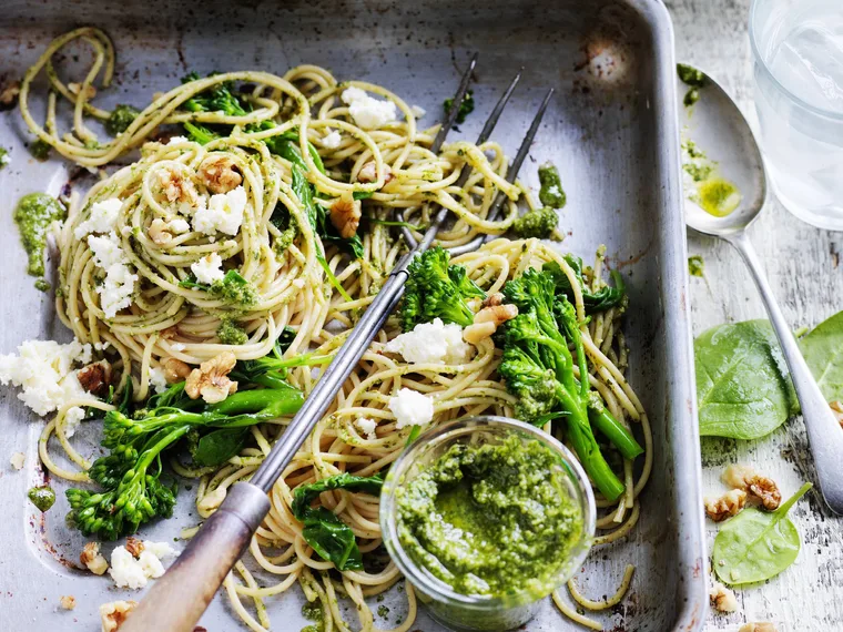 Spinach and broccolini pasta with rocket and walnut pesto