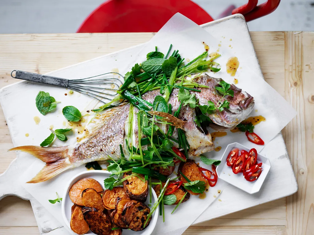 Whole snapper with pea and herb dressing