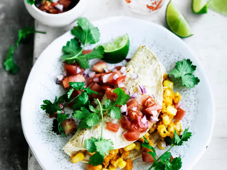 Pumpkin and corn quesadilla with fresh tomato salsa