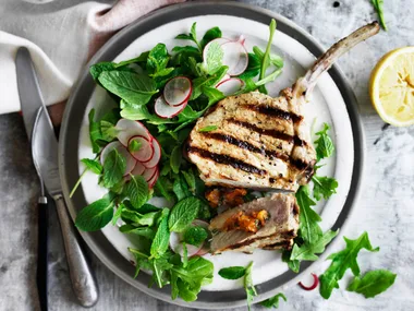 Apricot and mint stuffed pork with rocket, mint and radish salad