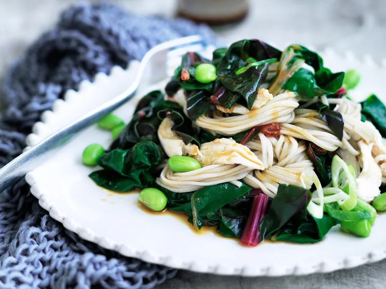 One&minus;pot poached chicken with soba noodles