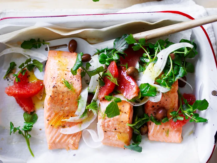 Baked ocean trout with ruby grapefruit salad