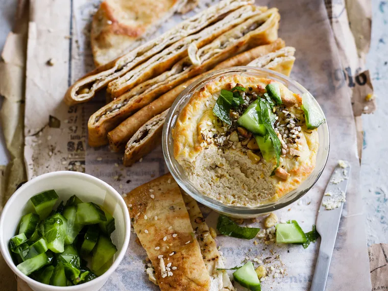 Baked lemon ricotta hummus with pitta