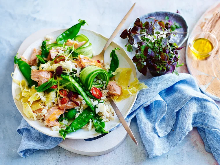 Hot-smoked salmon with cauliflower ‘fried rice’ salad