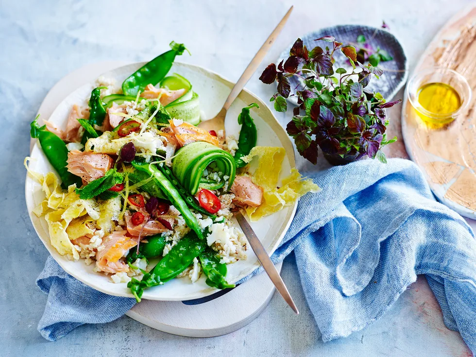 Hot-smoked salmon with cauliflower ‘fried rice’ salad