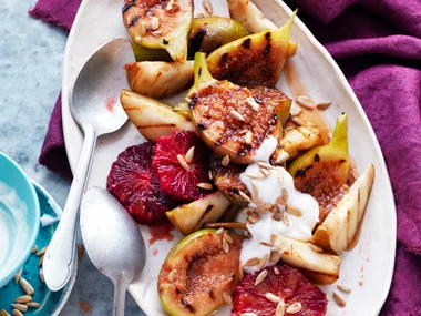 Grilled fruit salad with coconut yoghurt
