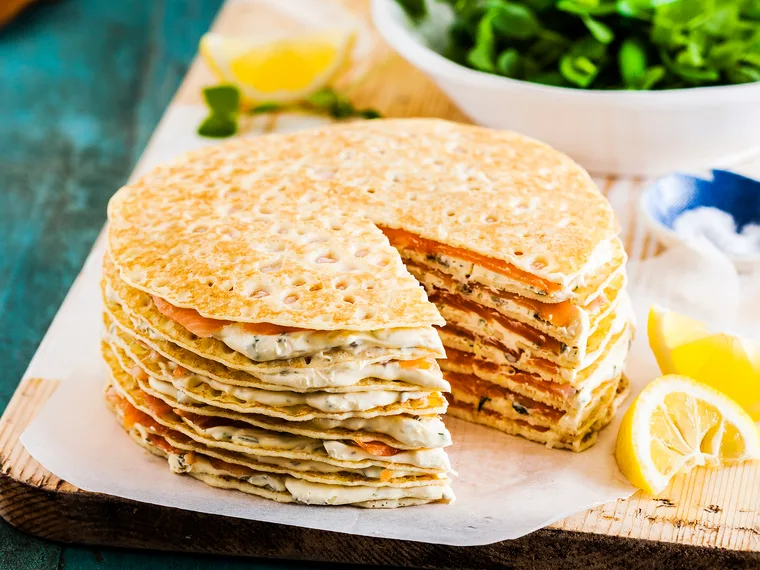 Smoked salmon and mascarpone crepe cake