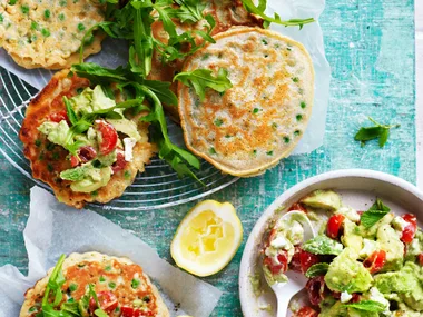 Pea fritters with avocado goat’s cheese