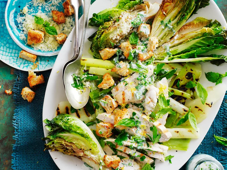 Grilled chicken with warm cos lettuce salad