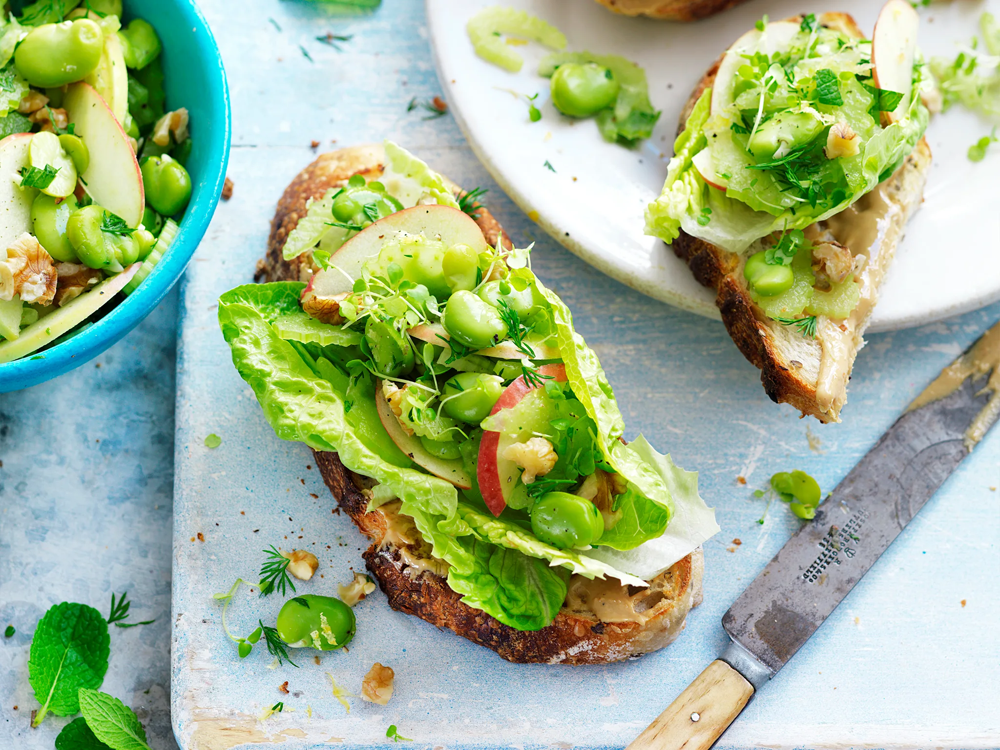 Broad bean, apple & walnut open sandwich
