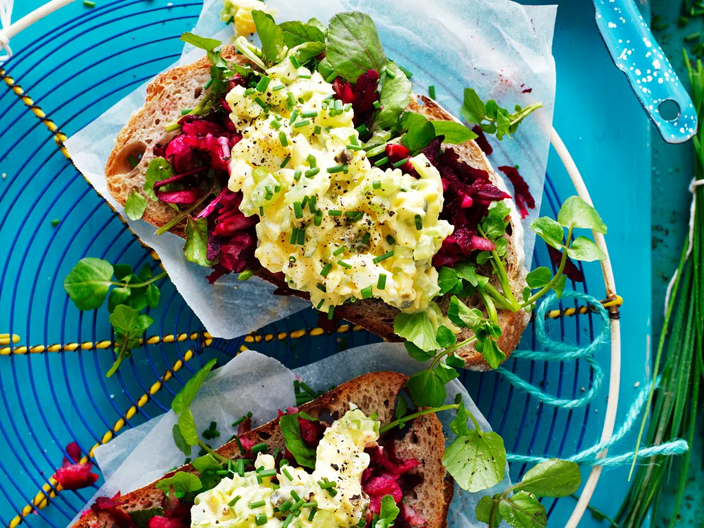 Creamy egg open salad sandwich