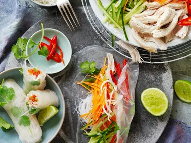 Ginger and chilli chicken rice paper rolls