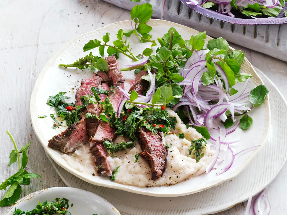 Barbecued steak with white bean puree and chimichurri