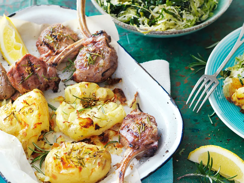 Cutlets with smashed potatoes and brussels sprouts salad