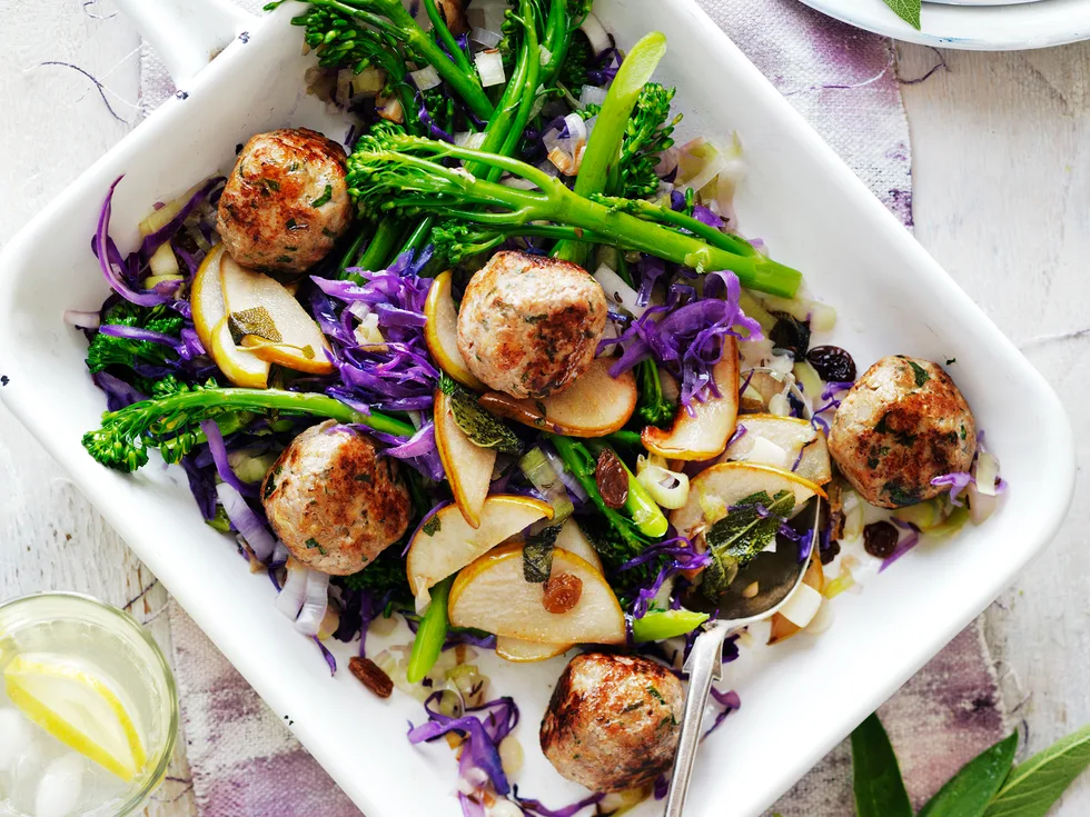 Pork and sage meatballs with cabbage and pear