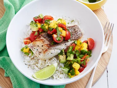 Grilled fish with mango salsa and coconut rice