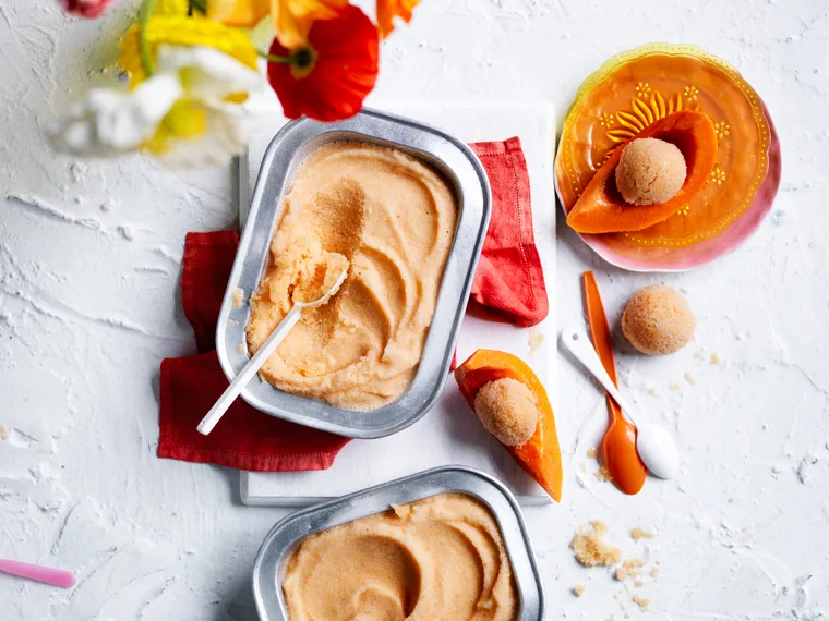 Rockmelon sorbet with fresh papaya