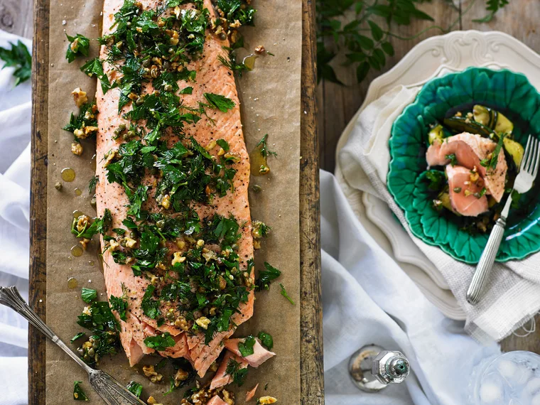 Salmon with herb & walnut salsa