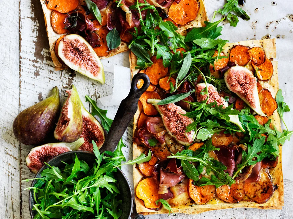 Kumara, prosciutto and smoked mozzarella flatbreads