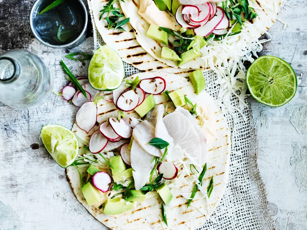 Kingfish ceviche tacos with pickled radish