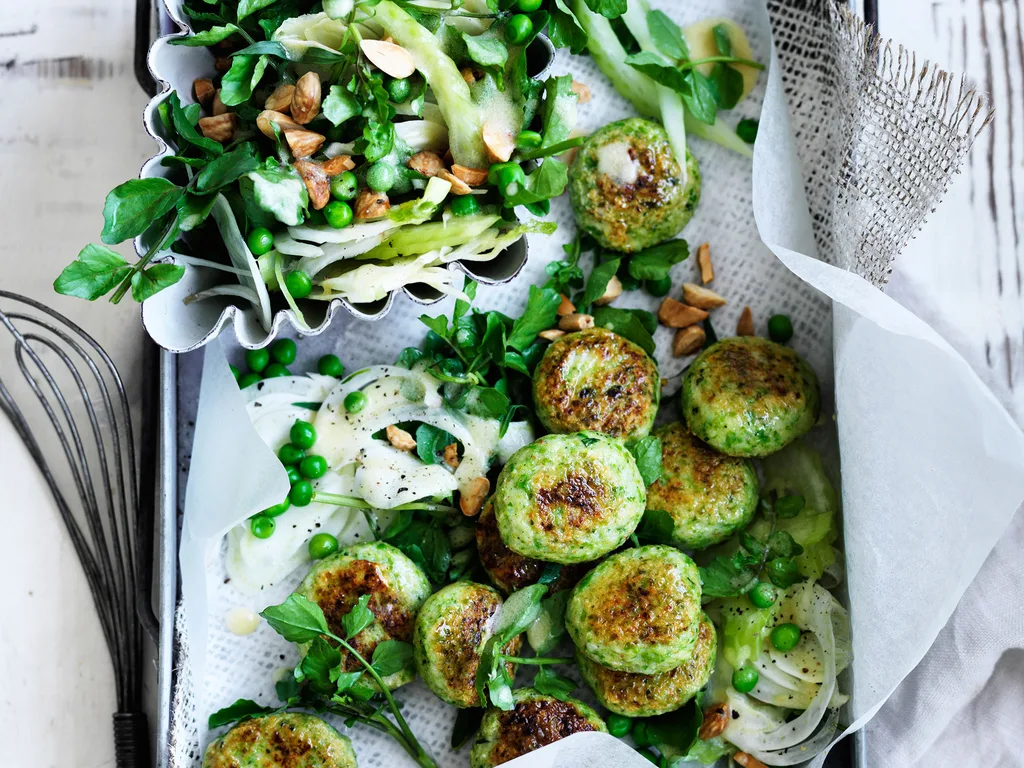 Pea, tarragon, prawn and almond cakes