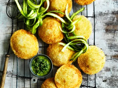 Crisp cheese ravioli with salsa verde