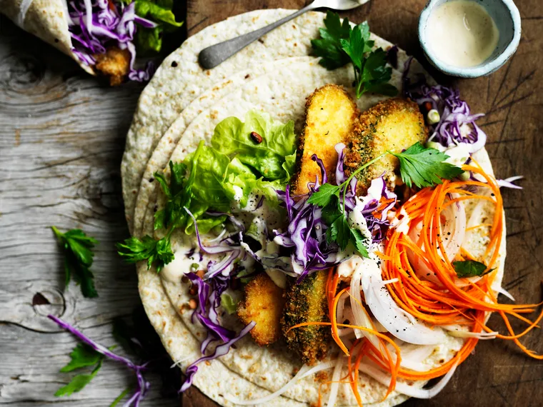 Crumbed zucchini and slaw wraps