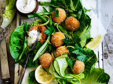 Carrot and harissa falafel with tahini yoghurt