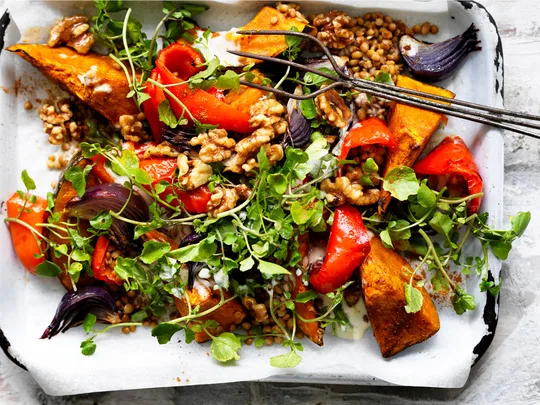 Pumpkin, red capsicum and walnut salad