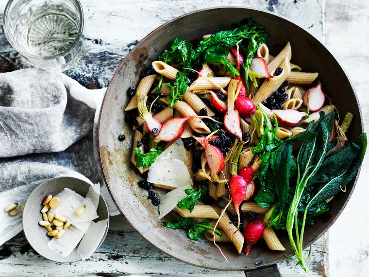 Pasta with radishes and their tops