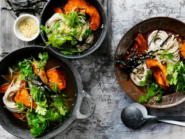 Miso broth with tamari pumpkin and noodles