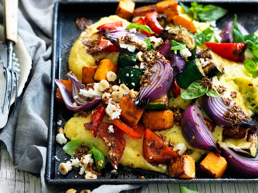 Roast Vegetables With Basil and Feta Polenta