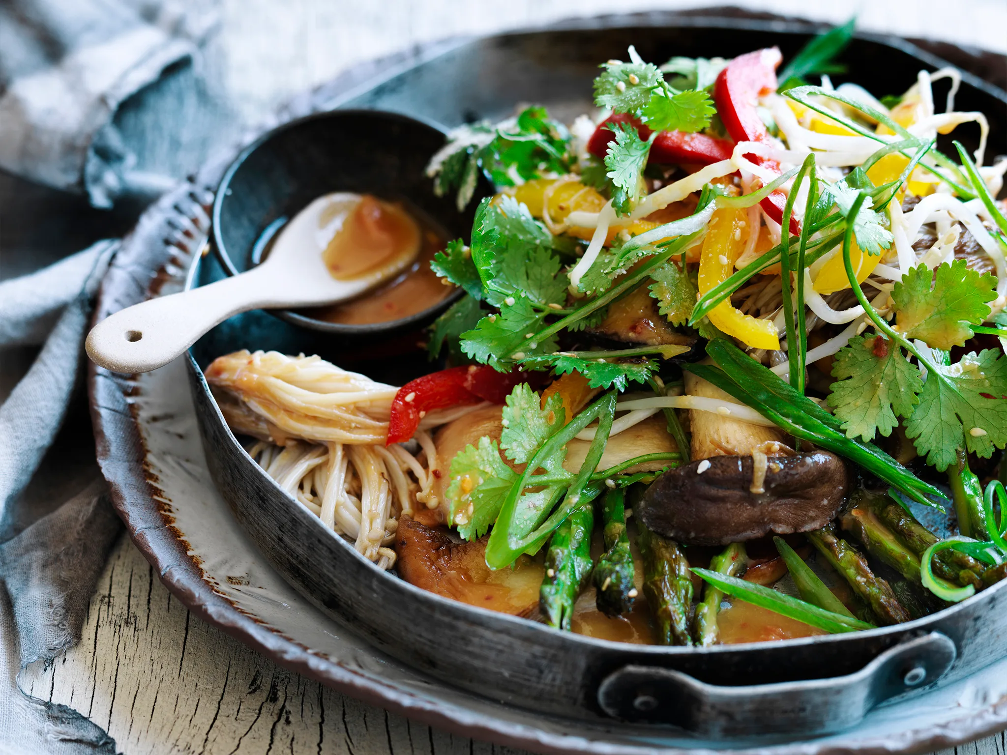 Miso vegetables with pounded rice salad