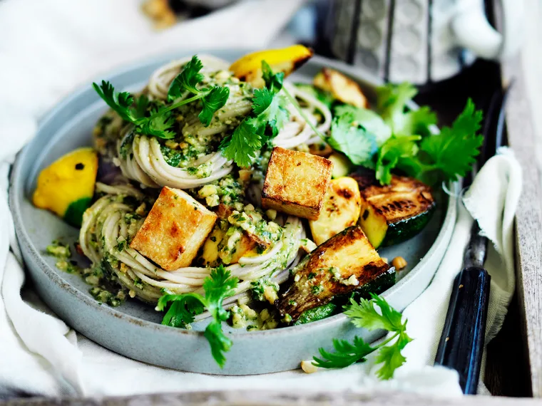 Zucchini and tofu noodles with coriander pesto