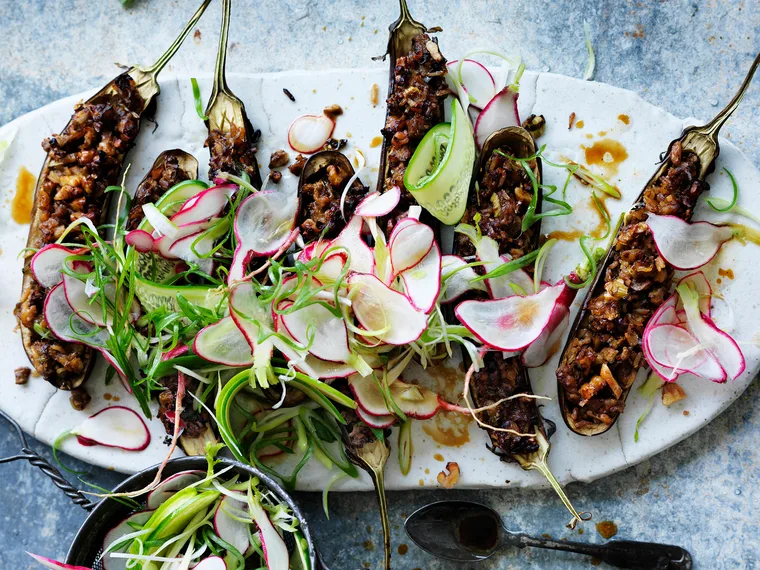 Walnut and miso filled eggplant with radish salad