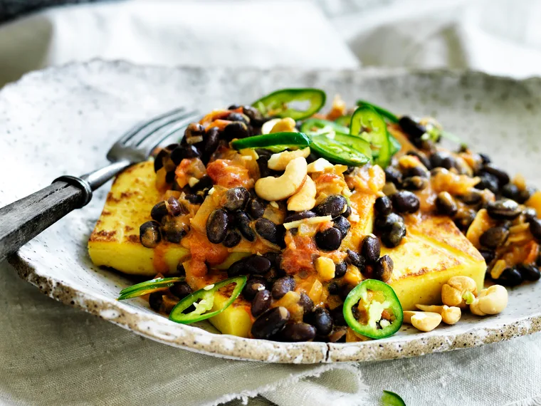 Chickpea &lsquo;tofu&rsquo; with spiced black-eyed beans