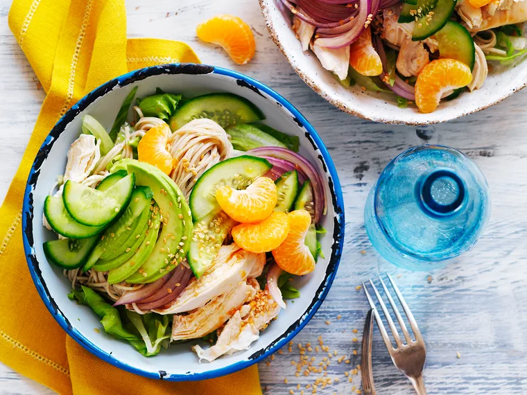 Avocado and mandarin  chicken noodle salad