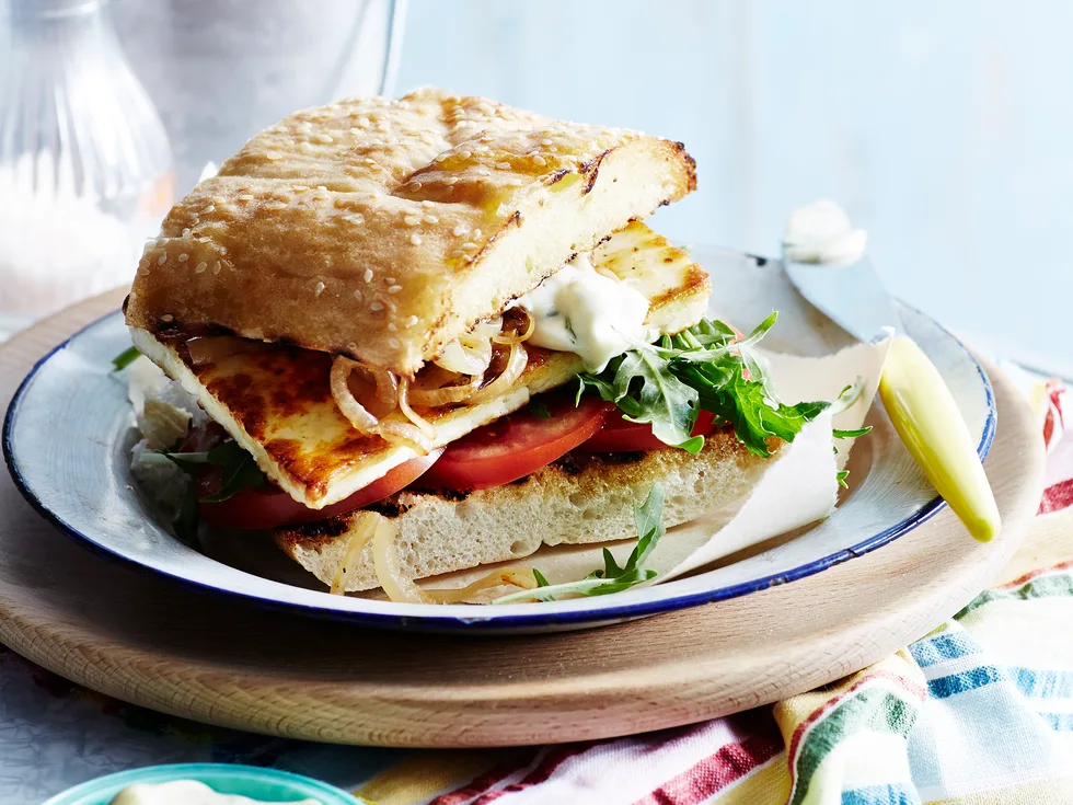 HARISSA HALOUMI BURGERS WITH LEMON MINT MAYONNAISE