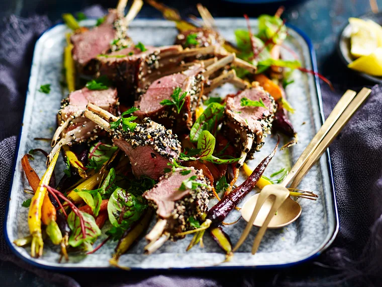 Spice-crusted lamb racks and roasted carrots