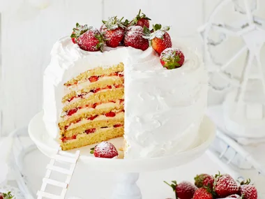 Strawberry and passionfruit mile-high layer cake