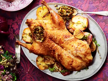 roasted goose with spiced apples and onions