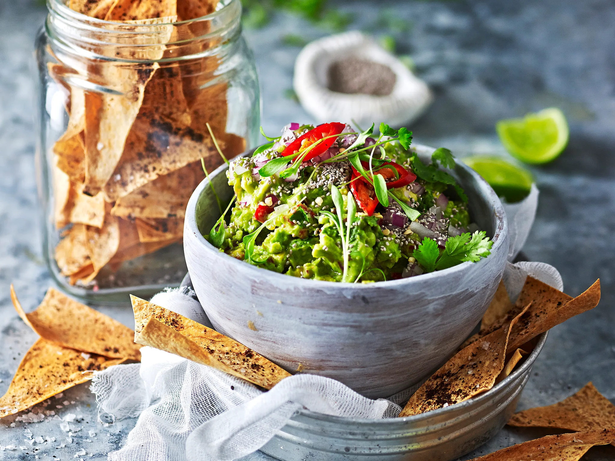 Chia and tomato guacamole with sumac crisps
